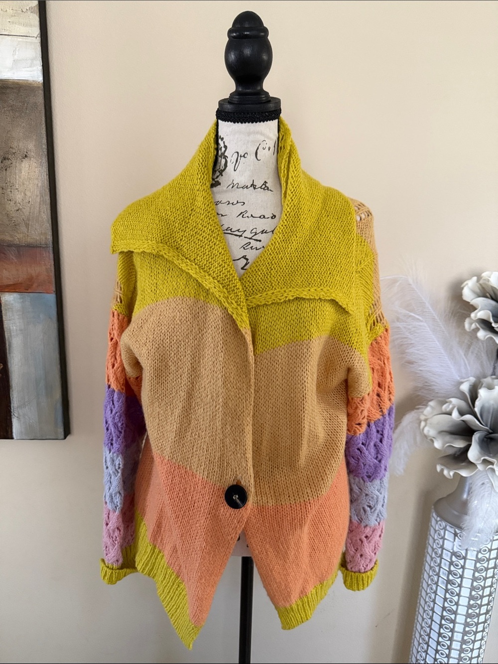 Source Unknown Yellow, Peach & Purple Colorblock Knit Cardigan